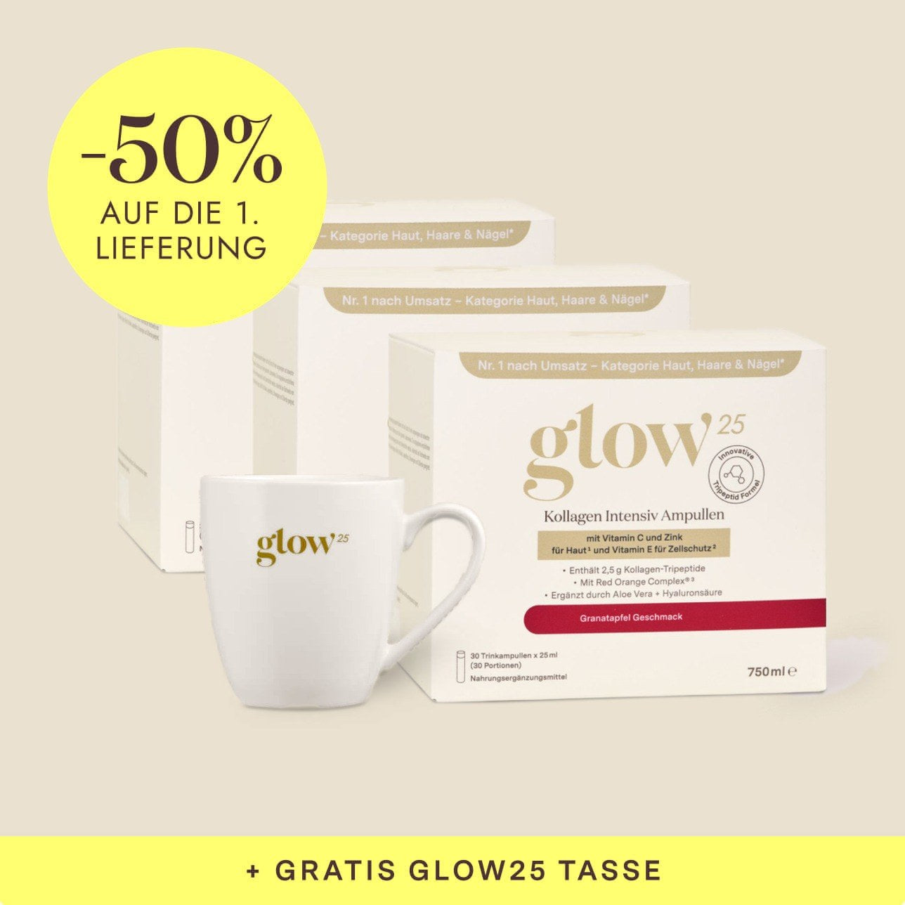 Kollagen Intensiv Trinkampullen, 3 Pakete mit Gratis-Tasse, Bynder-Packshot
