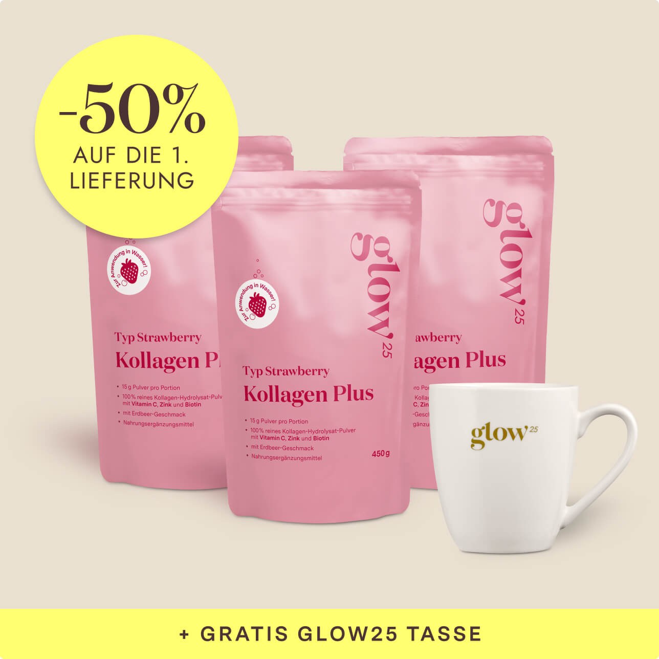 Kollagen Plus Typ Strawberry, 3 Pakete mit Gratis-Tasse, Bynder-Packshot