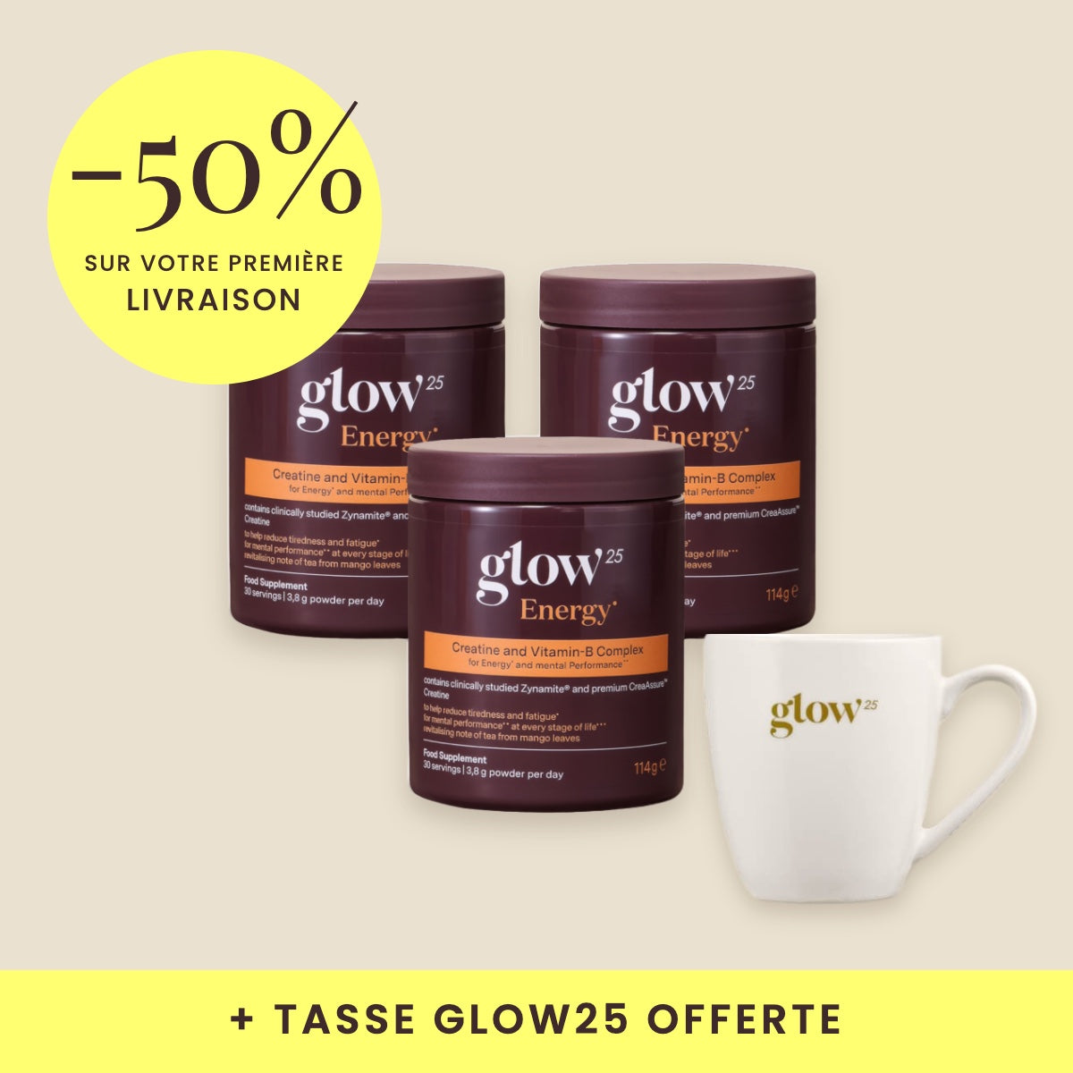 Glow25 Energy, 3 paquets avec tasse offerte, packshot Bynder