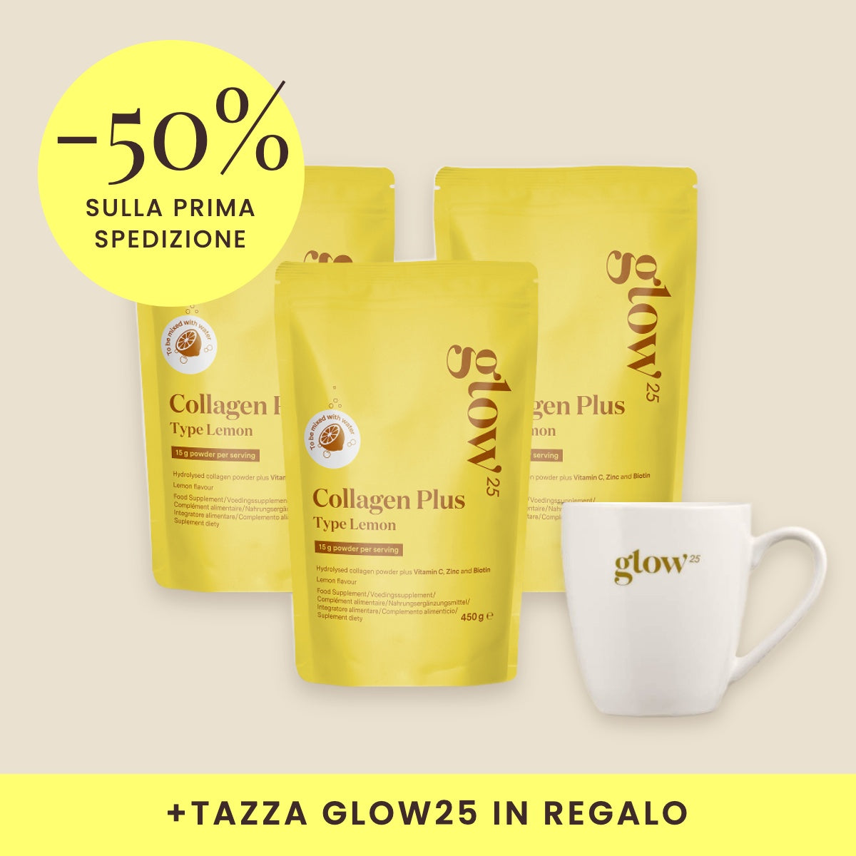 Collagen Plus tipo Lemon, 3 confezioni con tazza in regalo, packshot Bynder
