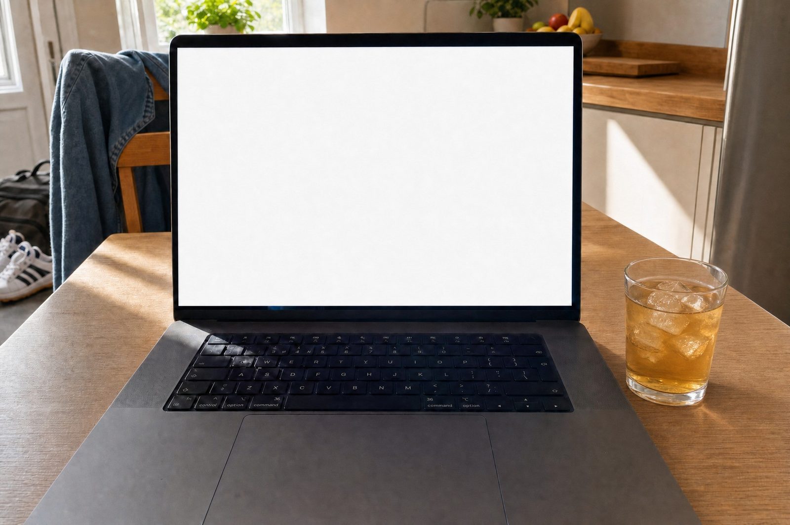 Computer portatile aperto su un tavolo di legno in una cucina luminosa