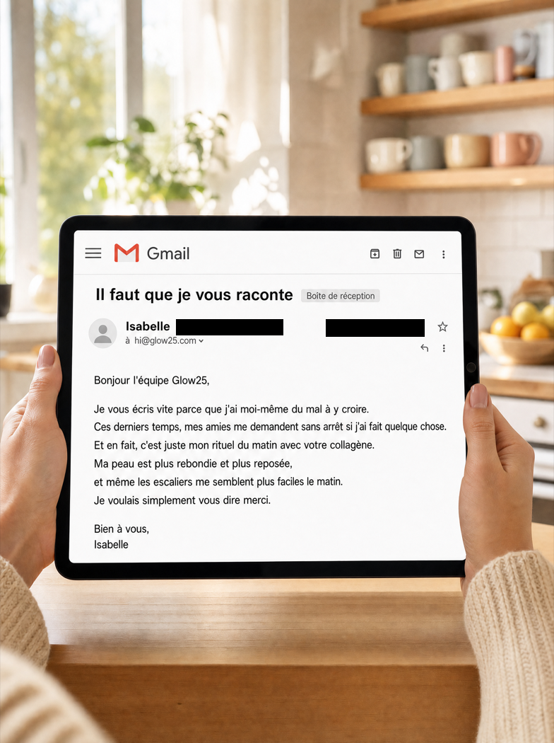 Main d'une femme d'une cinquantaine d'années tenant un iPad avec le message d'Isabelle à l'écran